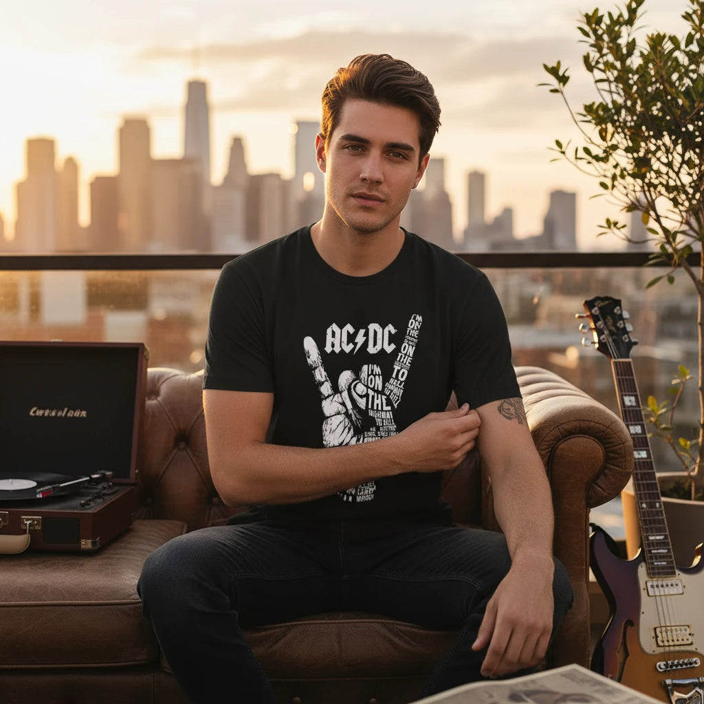 Make It Custom black AC/DC graphic crewneck t-shirt worn by a man sitting on a leather sofa with a city skyline backdrop.