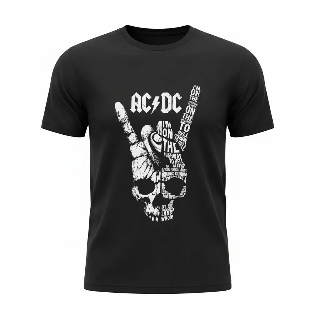 Make It Custom black crewneck t-shirt featuring a white AC/DC skull graphic with lyrics in a rock hand sign design.