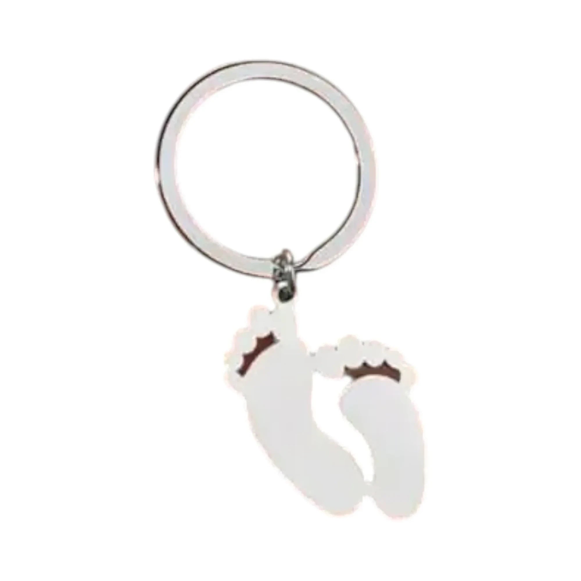 Make It Custom silver baby footprint shaped metal keychain with a sturdy circular ring attachment.