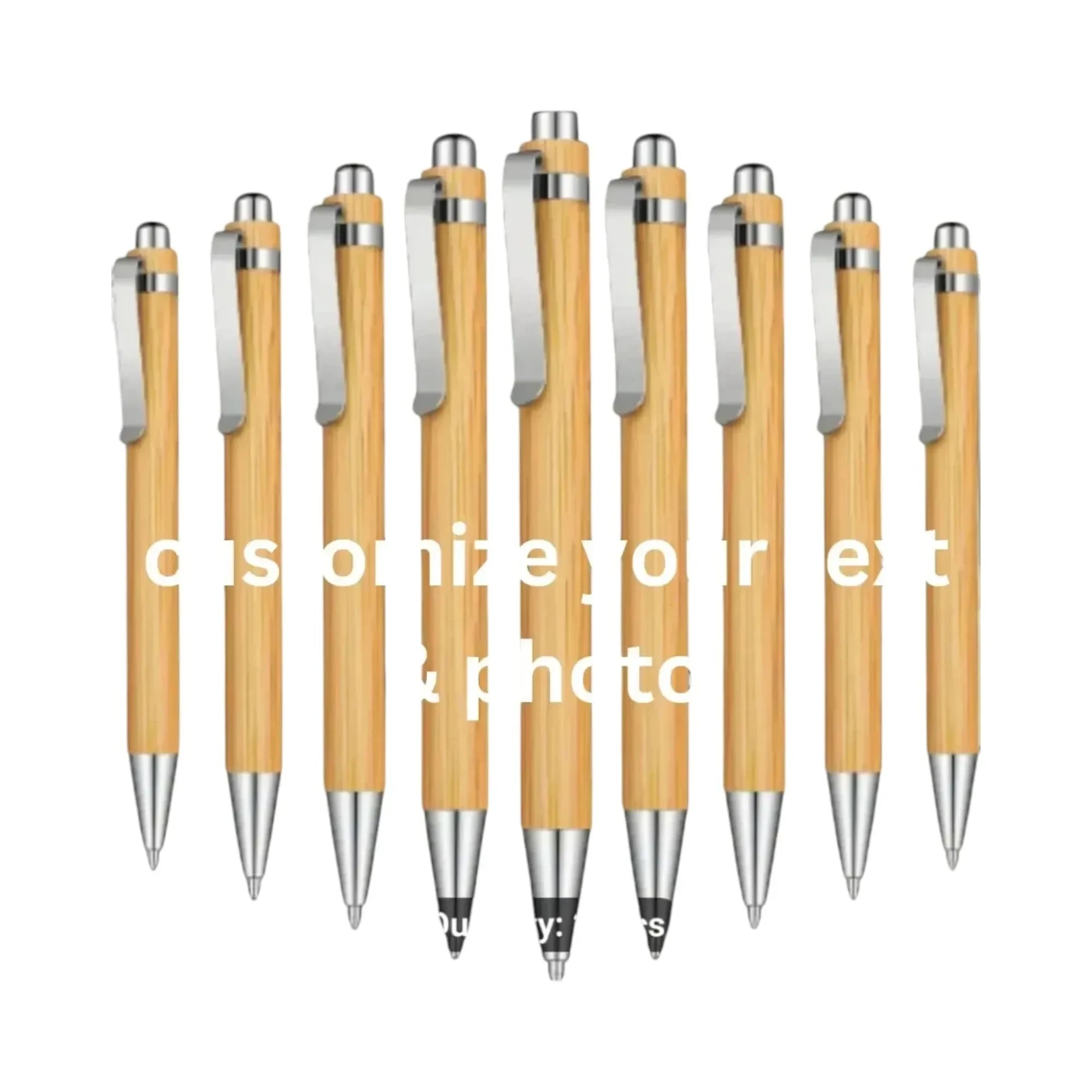 Make It Custom bamboo retractable ballpoint pens with silver metal clips and accents, arranged in a semi-circle.