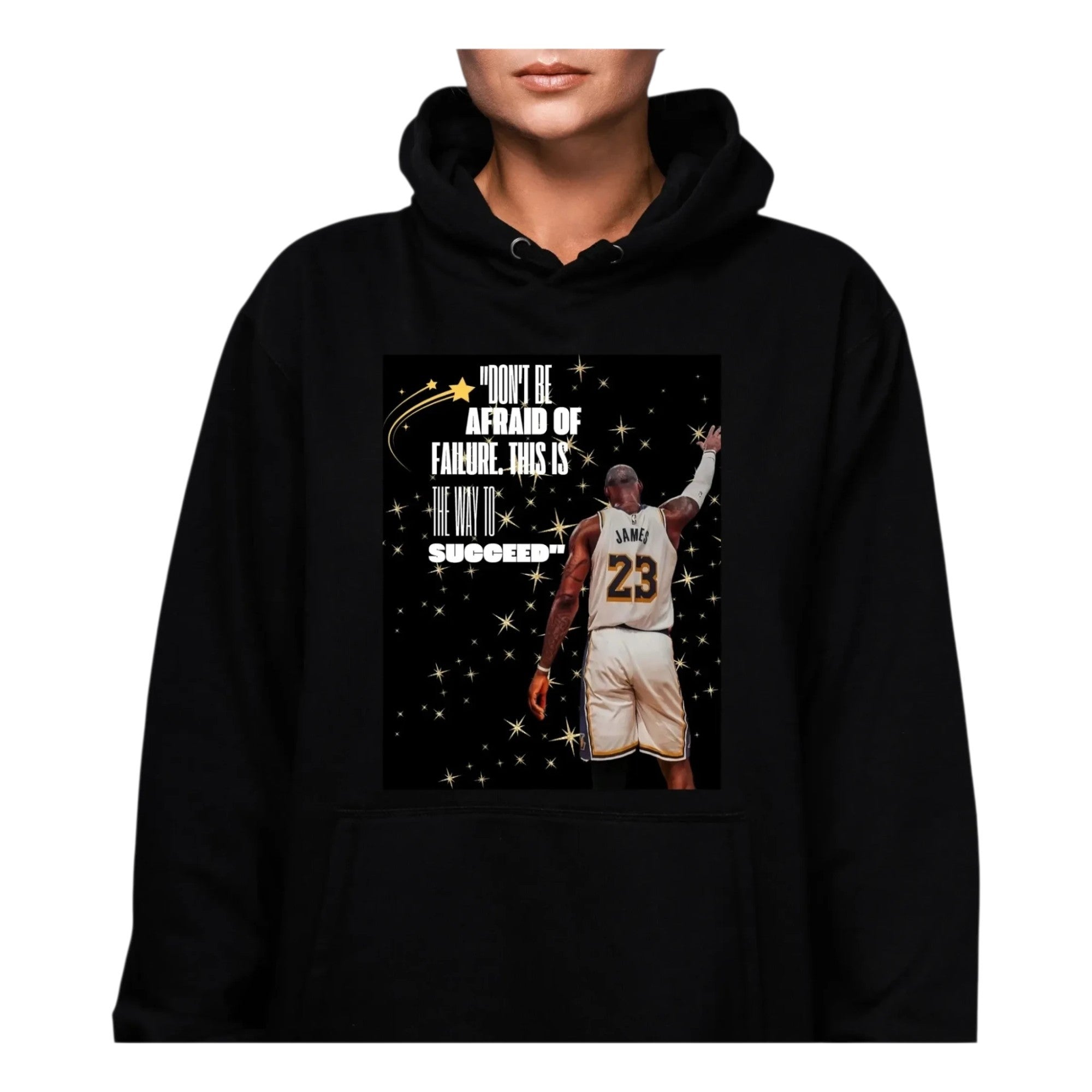 Make It Custom black pullover hoodie featuring a basketball player graphic and motivational quote on the chest.