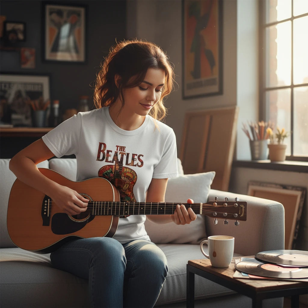 Make It Custom white crew-neck t-shirt with The Beatles guitar graphic worn by a woman playing acoustic guitar.