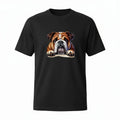 Make It Custom black crew neck t-shirt featuring a vibrant English Bulldog graphic illustration on the chest.