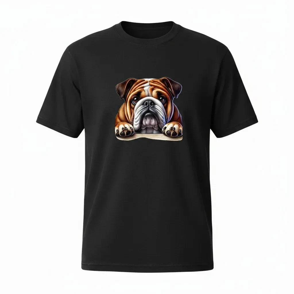 Make It Custom black crew neck t-shirt featuring a vibrant English Bulldog graphic illustration on the chest.