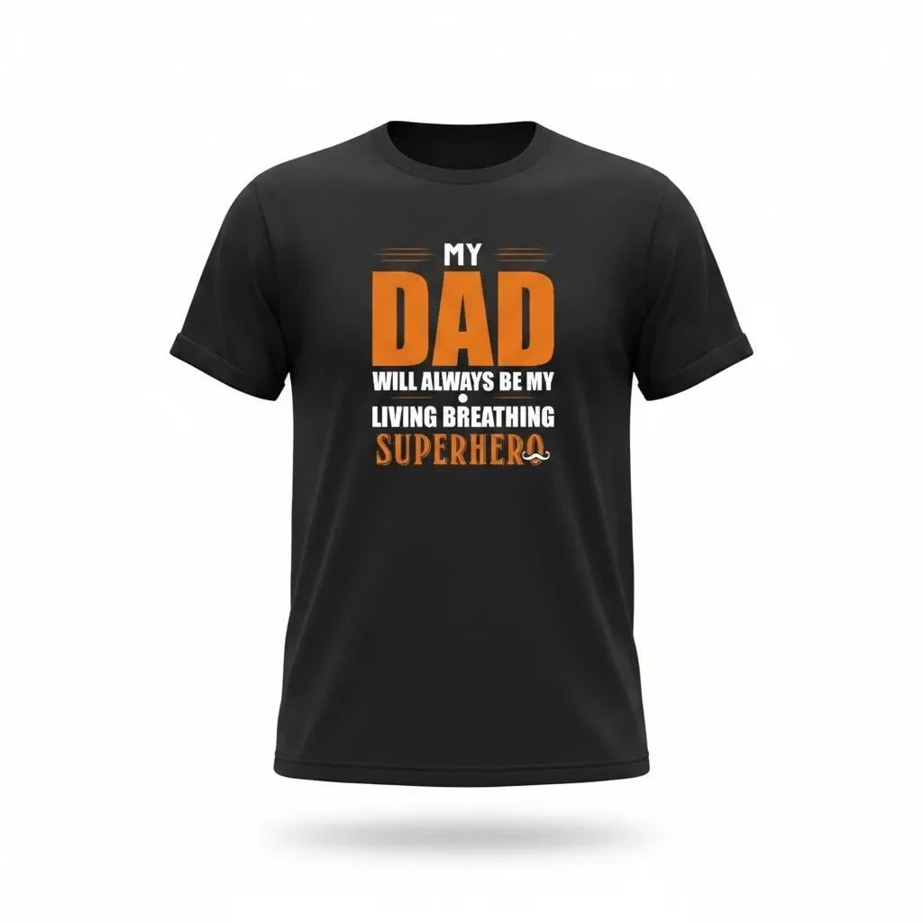 Make It Custom black crew neck t-shirt with orange and white My Dad Is My Superhero graphic print