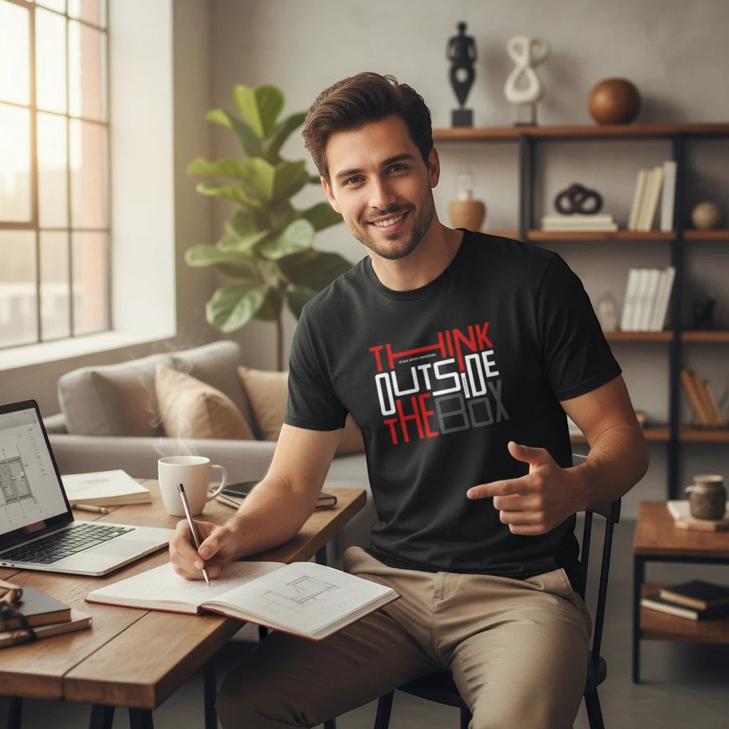 Man wearing a black Make It Custom crewneck t-shirt with Think Outside The Box graphic, sitting at a desk.