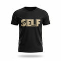 Make It Custom black crew neck cotton t-shirt featuring a bold beige SELF LOVE graphic print on the chest.