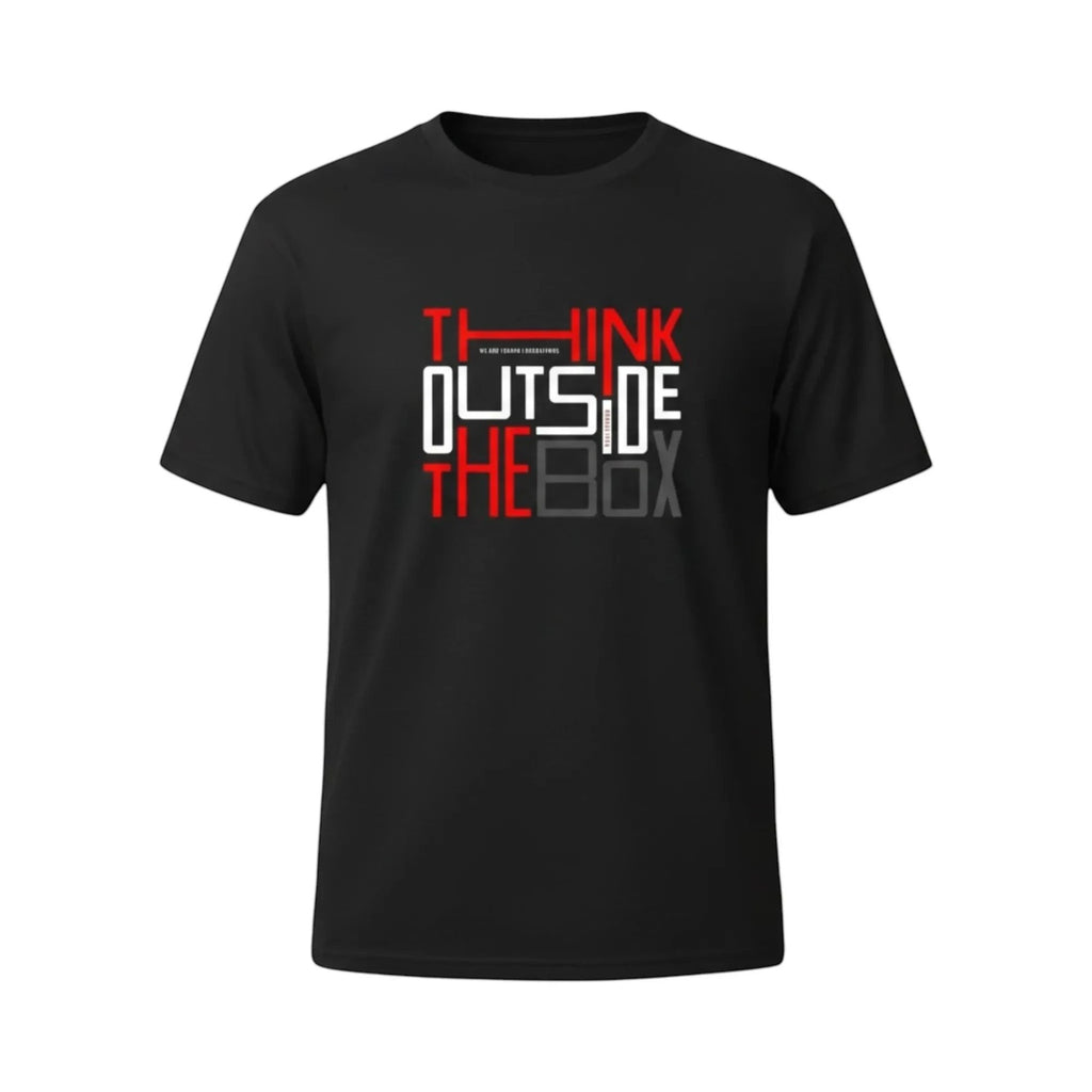 Make It Custom black crewneck t-shirt with red and white Think Outside The Box graphic print on the chest.