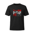 Make It Custom black crewneck t-shirt with red and white Think Outside The Box graphic print on the chest.