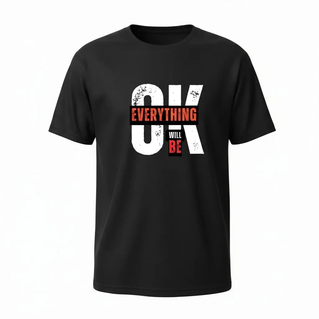 Make It Custom black cotton crewneck t-shirt with white and red Everything Will Be OK distressed graphic print