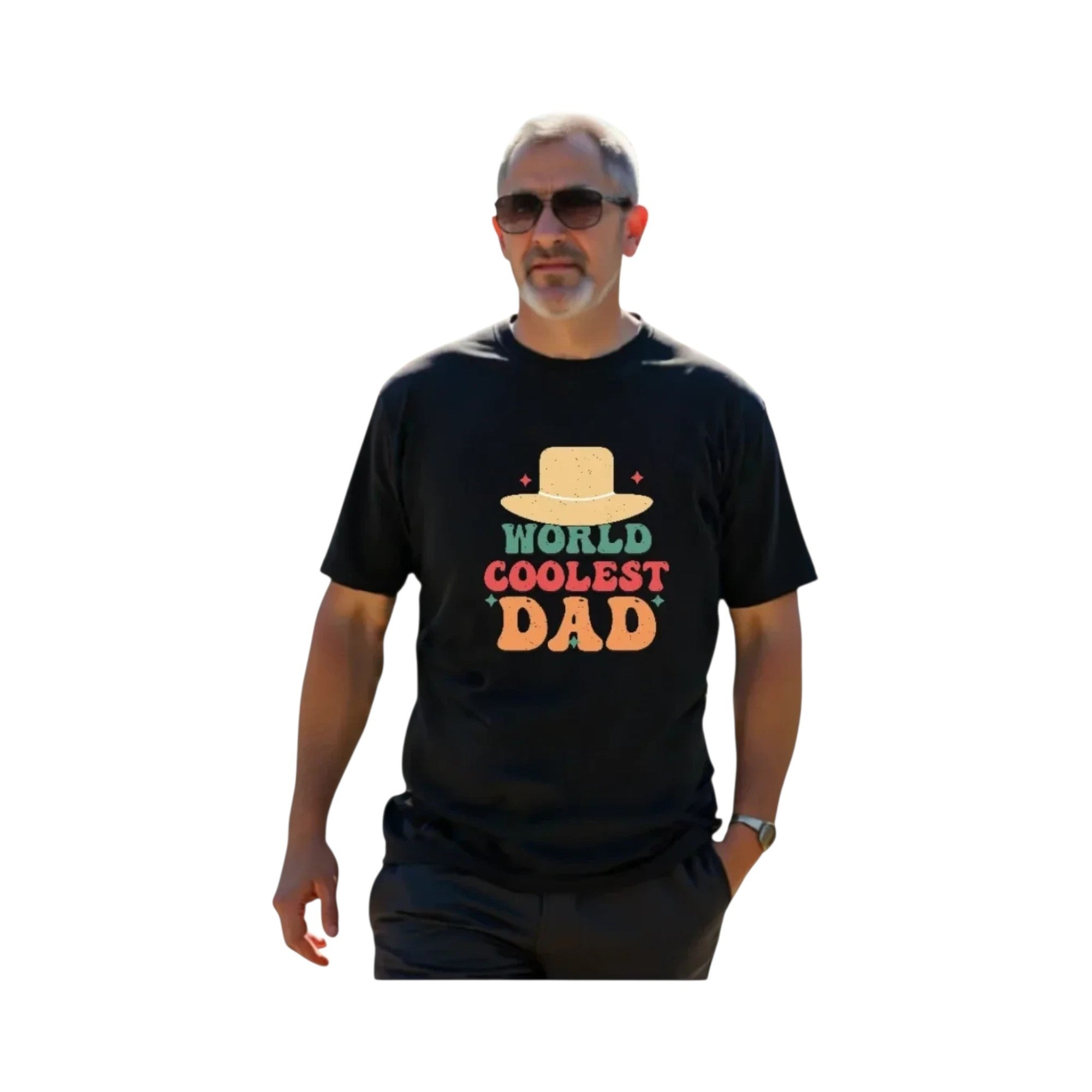 Make It Custom black crewneck t-shirt with World Coolest Dad retro graphic worn by a man in sunglasses