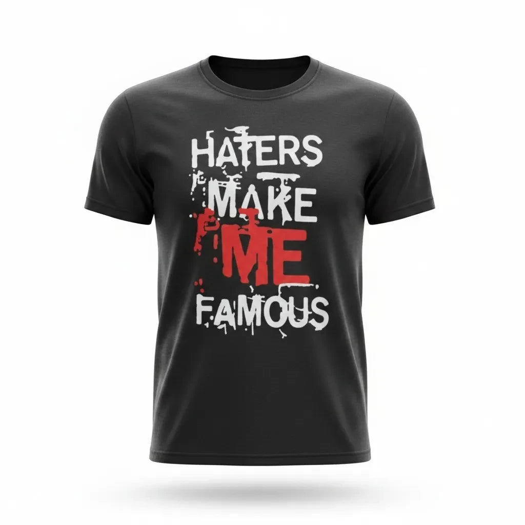 Make It Custom black cotton crewneck t-shirt with white and red Haters Make Me Famous graffiti graphic print