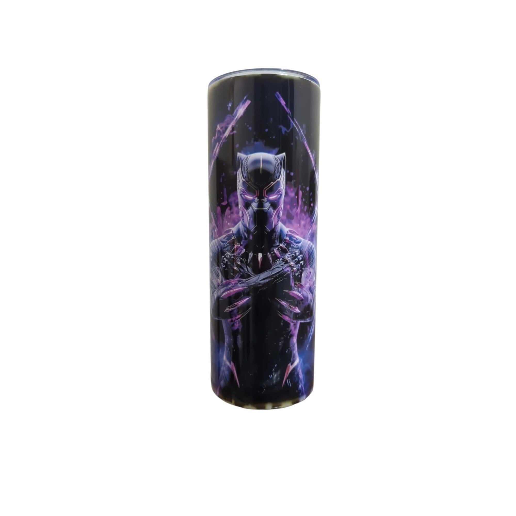 Make It Custom Black Panther stainless steel insulated tumbler with purple kinetic energy graphic on black background