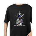 Make It Custom black cotton t-shirt featuring a warrior graphic with a blue turban and Gurmukhi script text.