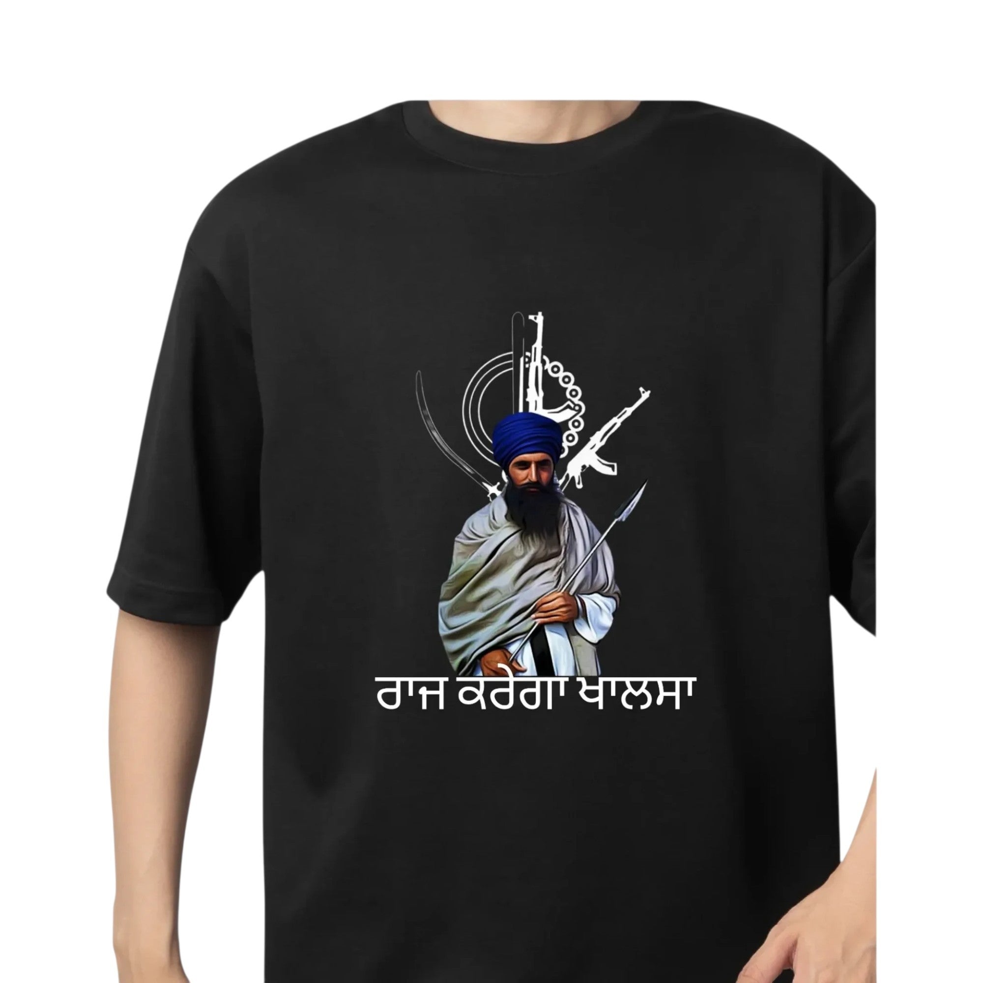 Make It Custom black cotton t-shirt featuring a warrior graphic with a blue turban and Gurmukhi script text.