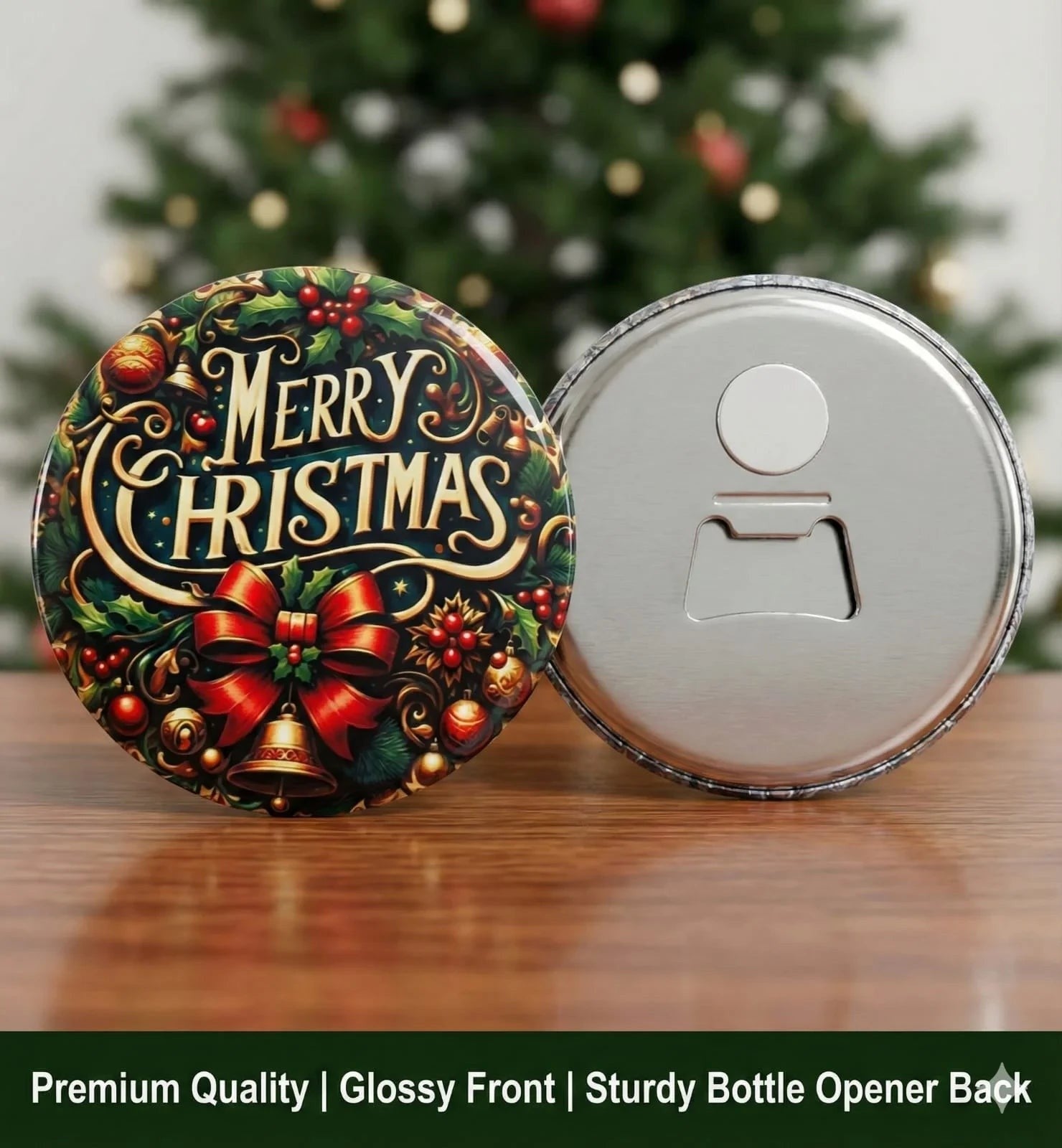 Make It Custom 75mm round Christmas bottle opener magnets with a glossy festive front and durable metal back.
