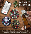 Make It Custom round bottle opener magnets featuring festive Christmas designs like a snowman and Santa Claus.