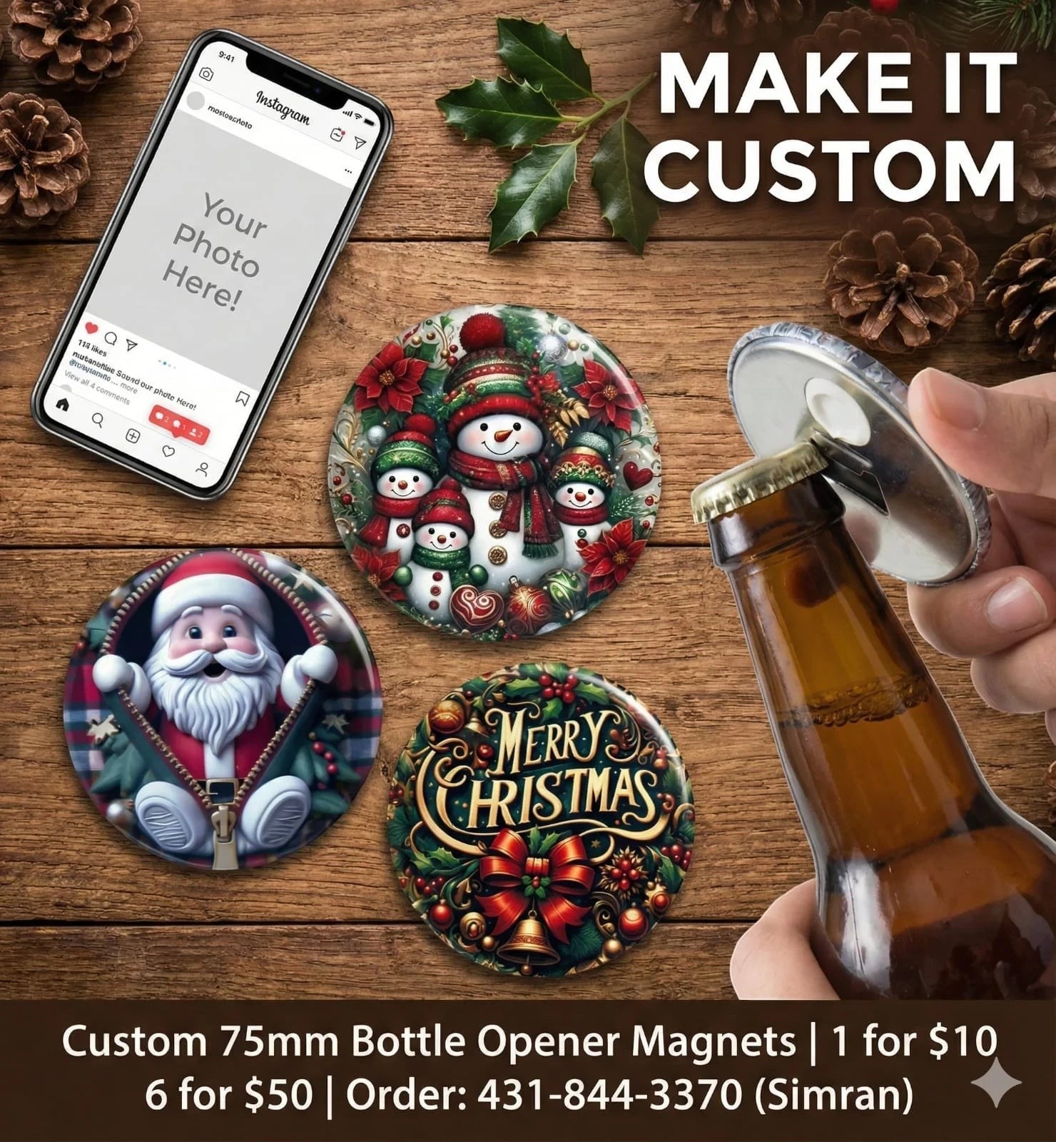 Make It Custom round bottle opener magnets featuring festive Christmas designs like a snowman and Santa Claus.