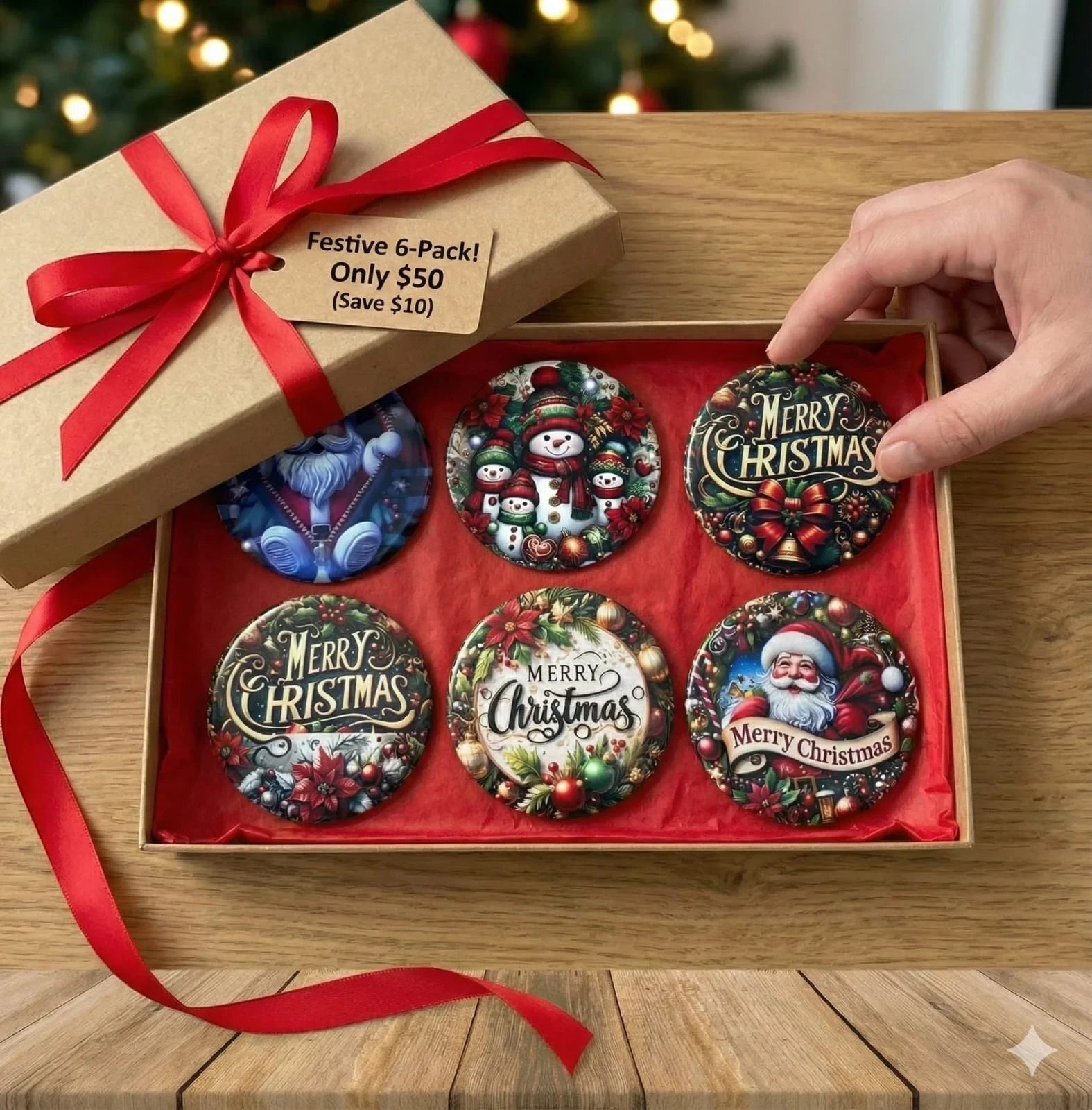 Make It Custom 6-pack of round Christmas bottle opener magnets with festive holiday designs in a gift box.