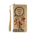 Make It Custom cork wristlet wallet featuring a dreamcatcher print and Dreams Come True text with a zip closure