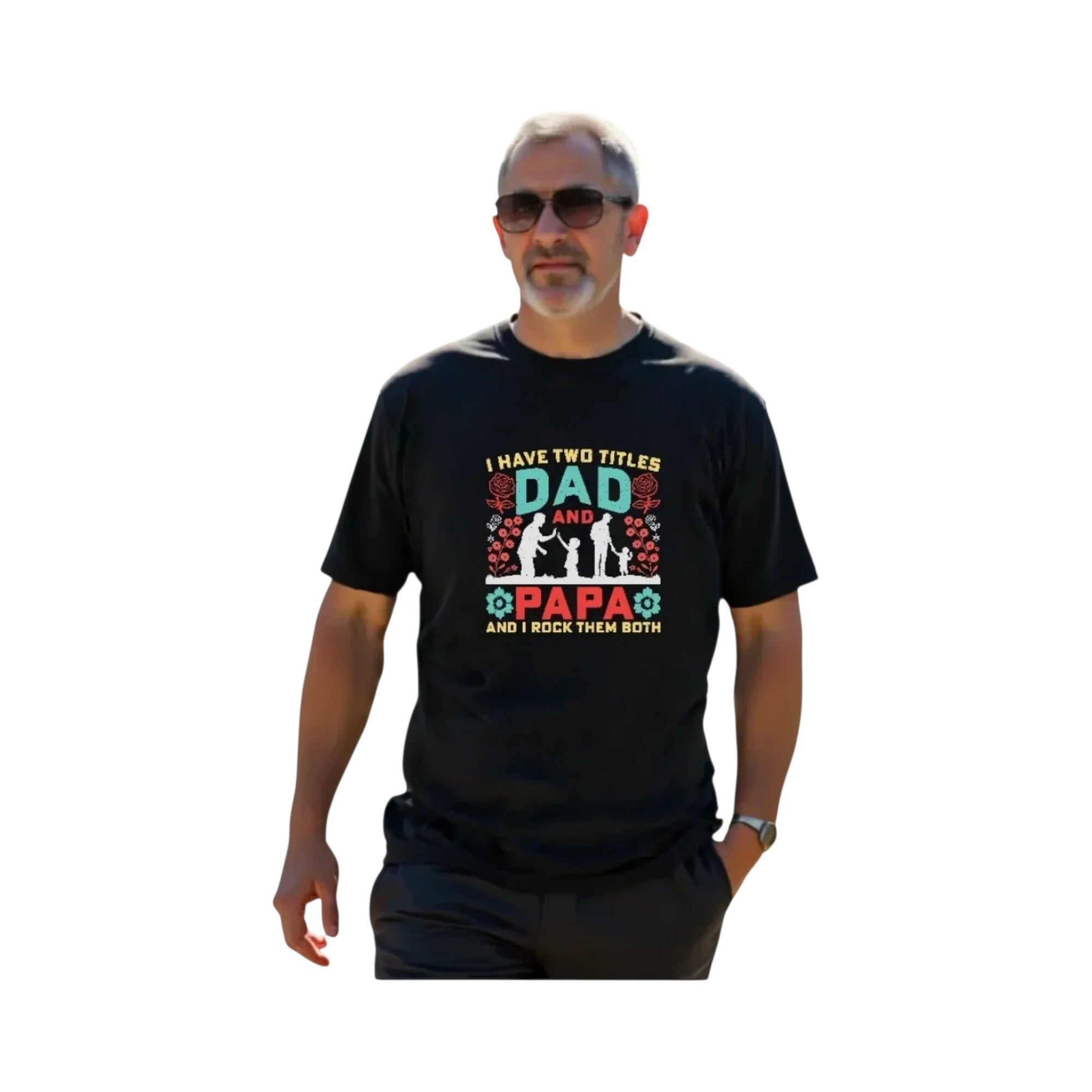 Make It Custom black crew neck t-shirt with Dad and Papa graphic print worn by a man in sunglasses