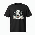 Make It Custom black crewneck t-shirt featuring a vibrant illustration of a cute Dalmatian puppy peeking over a ledge.