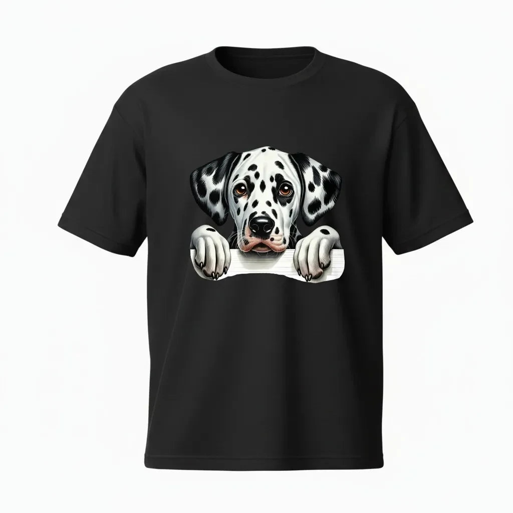 Make It Custom black crewneck t-shirt featuring a vibrant illustration of a cute Dalmatian puppy peeking over a ledge.