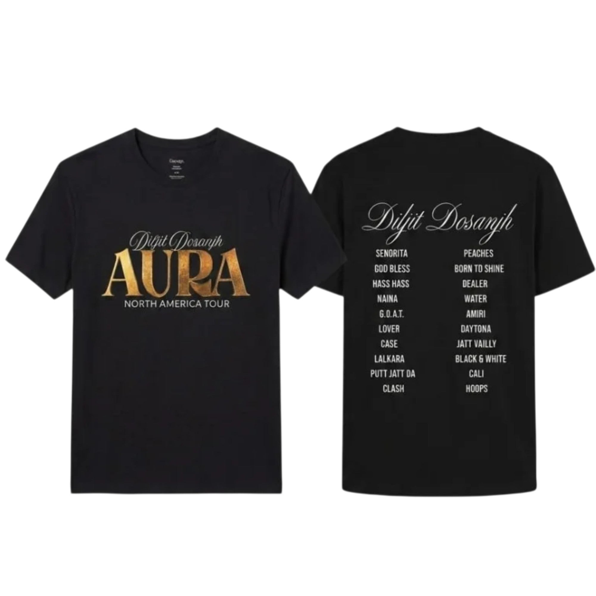 Make It Custom black cotton t-shirt with metallic gold Aura tour branding on front and tracklist on back
