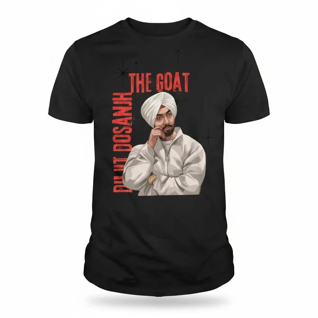Make It Custom black cotton crewneck t-shirt featuring a Diljit Dosanjh The Goat graphic with red typography.