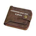 Make It Custom distressed brown leather bi-fold wallet with contrast stitching, brass snap closure, and zipper pocket.