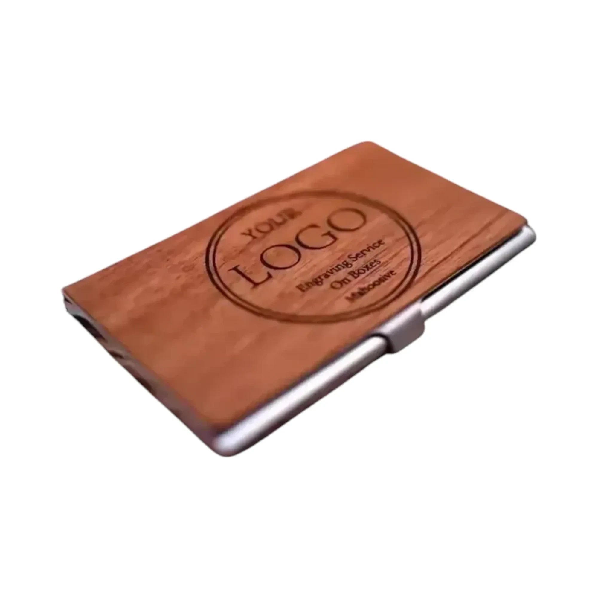Make It Custom engraved wooden business card holder with a metallic frame and personalized logo design