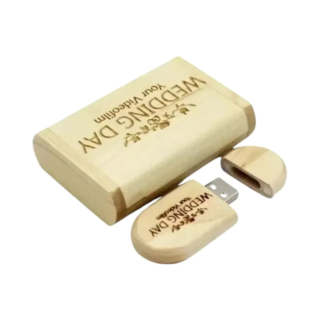 Make It Custom engraved wooden USB flash drive and matching storage box with wedding day design