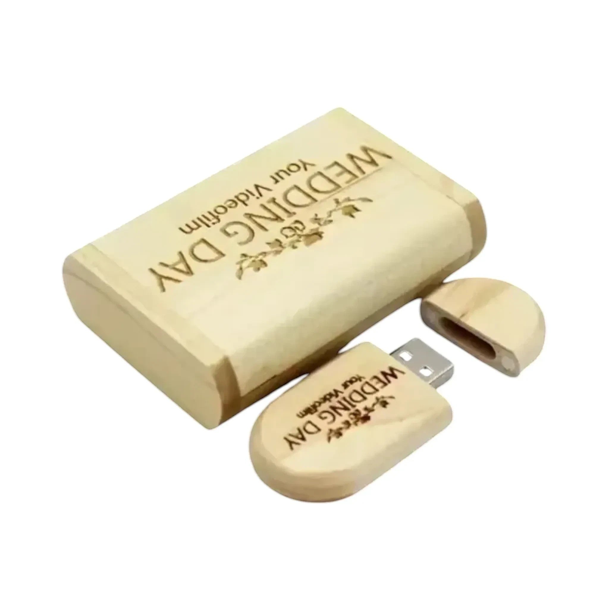 Make It Custom engraved wooden USB flash drive and matching storage box with wedding day design