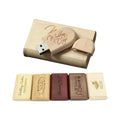 Make It Custom engraved wooden USB flash drives and matching storage boxes in various wood tones and personalized designs.