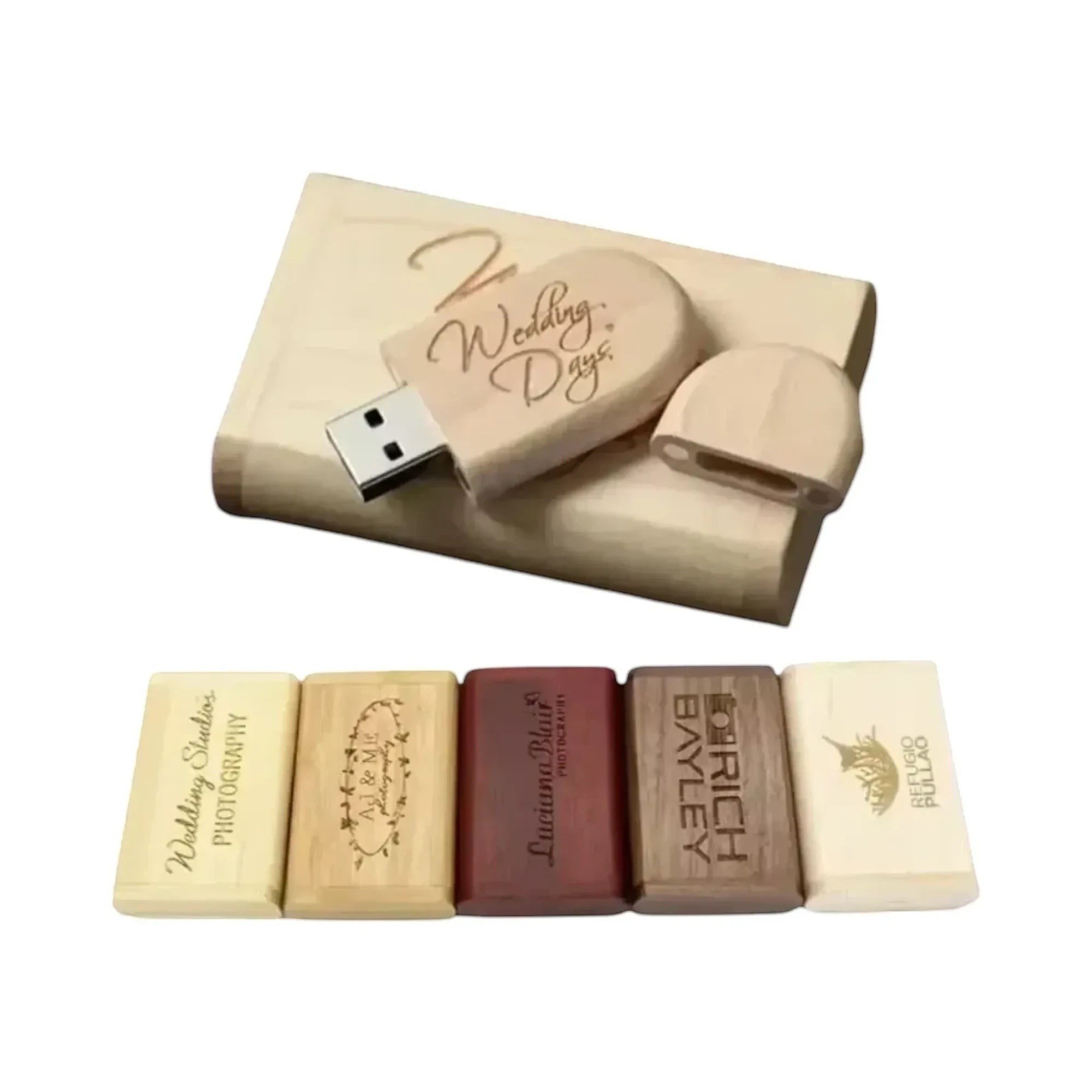 Make It Custom engraved wooden USB flash drives and matching storage boxes in various wood tones and personalized designs.