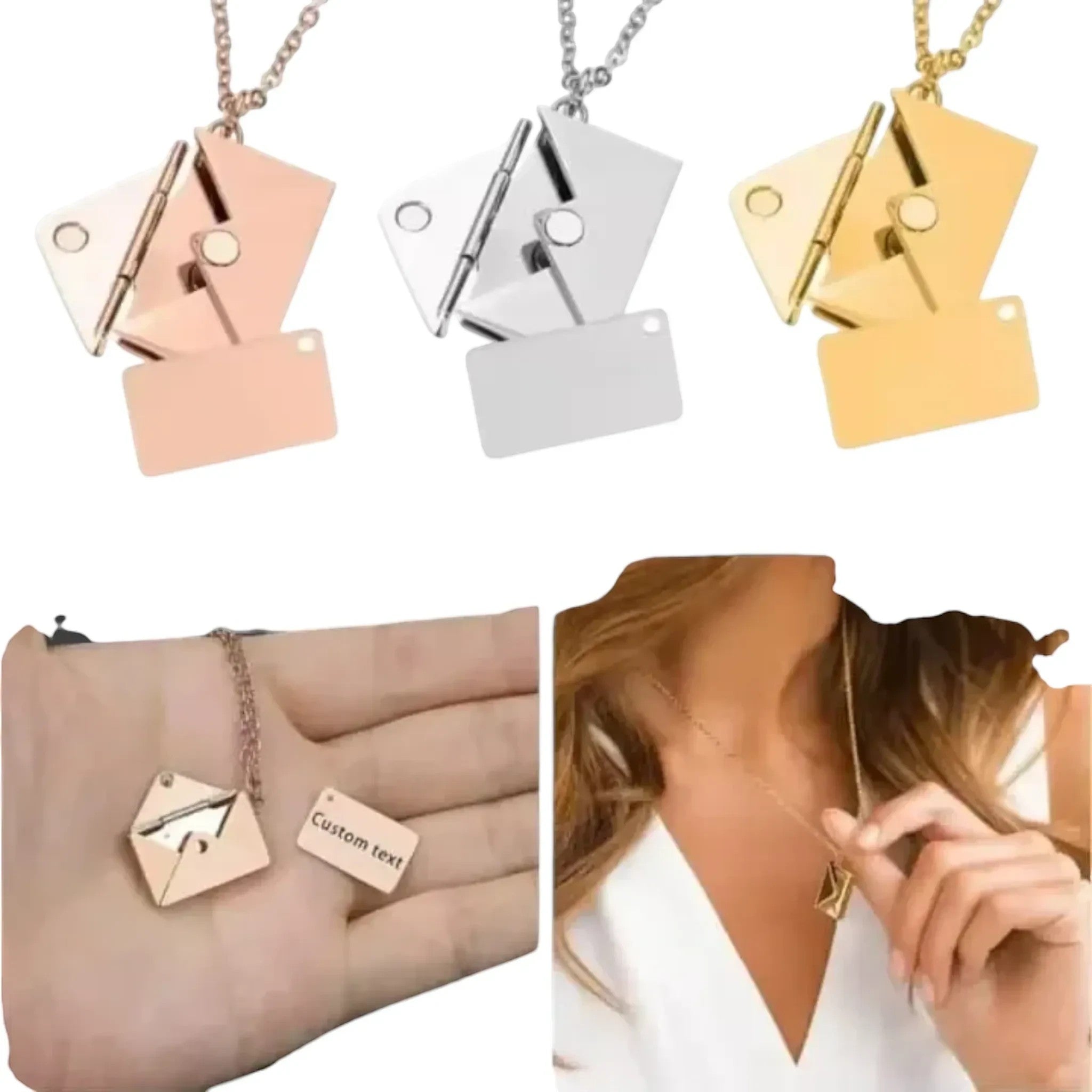 Make It Custom envelope pendant necklaces in gold, silver, and rose gold with pull-out engraved love note charms.