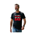 Make It Custom black cotton crew neck t-shirt with My First Father's Day as a Dad graphic print worn by a smiling man