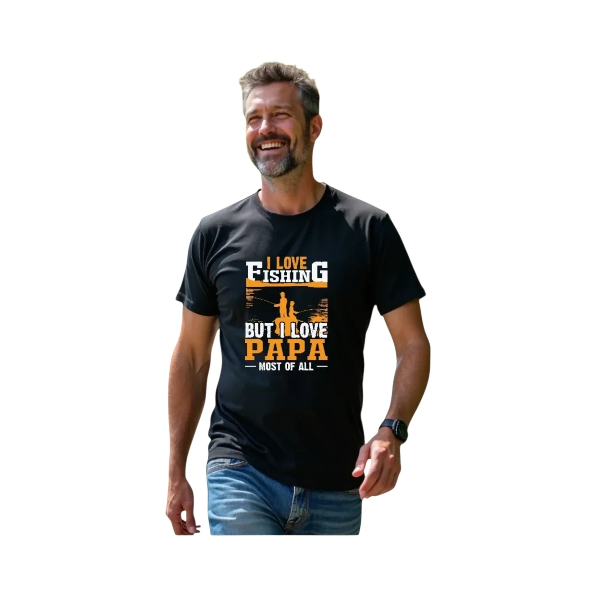 Make It Custom black crew neck t-shirt with I Love Fishing But I Love Papa Most Of All graphic print on a man