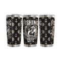 Make It Custom stainless steel tumbler featuring a black and white fishing theme with bass, anchors, and ship wheels.