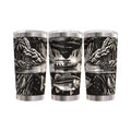 Make It Custom stainless steel tumbler featuring a black and white lakeside fishing scene with a bass and boat.