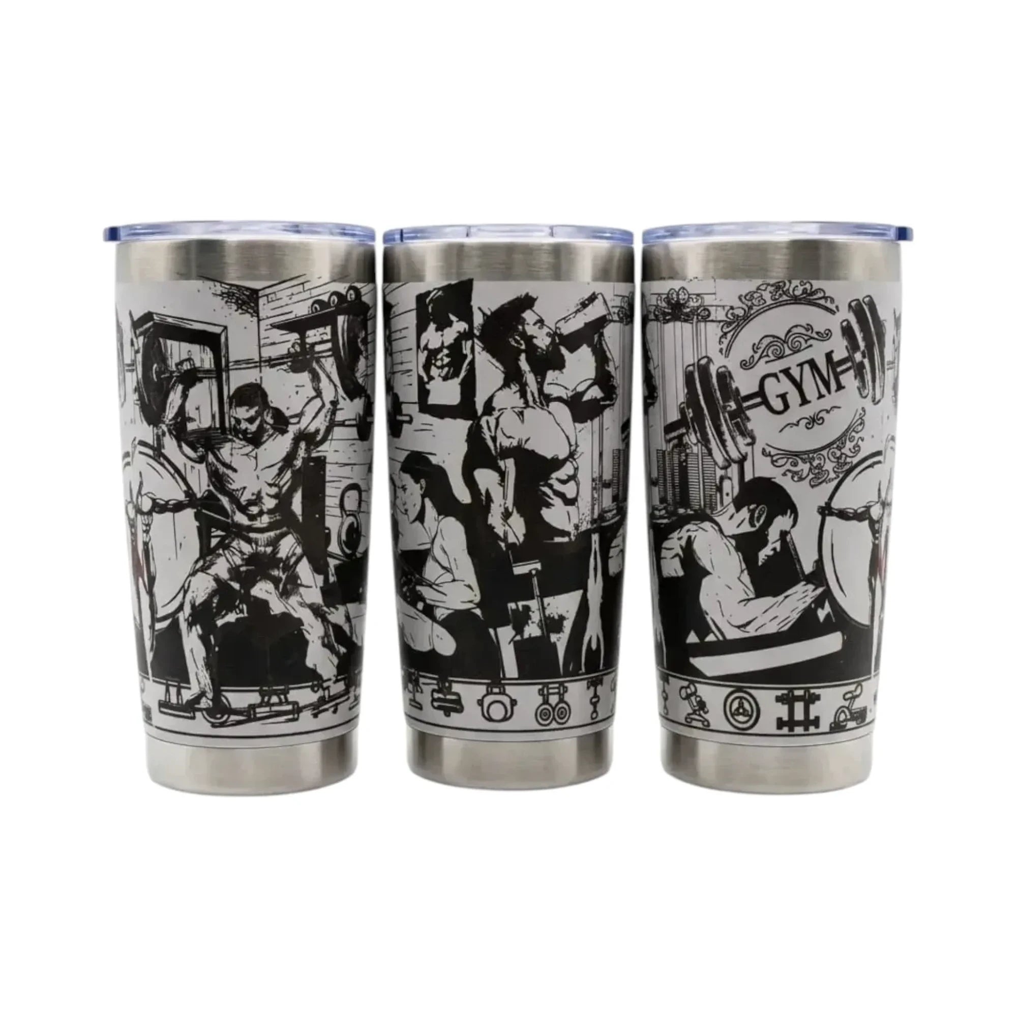 Make It Custom stainless steel insulated tumbler with black and white gym-themed workout graphics and clear lid.