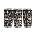 Make It Custom stainless steel tumbler featuring a black and white floral hibiscus and leopard print design with MAMA text