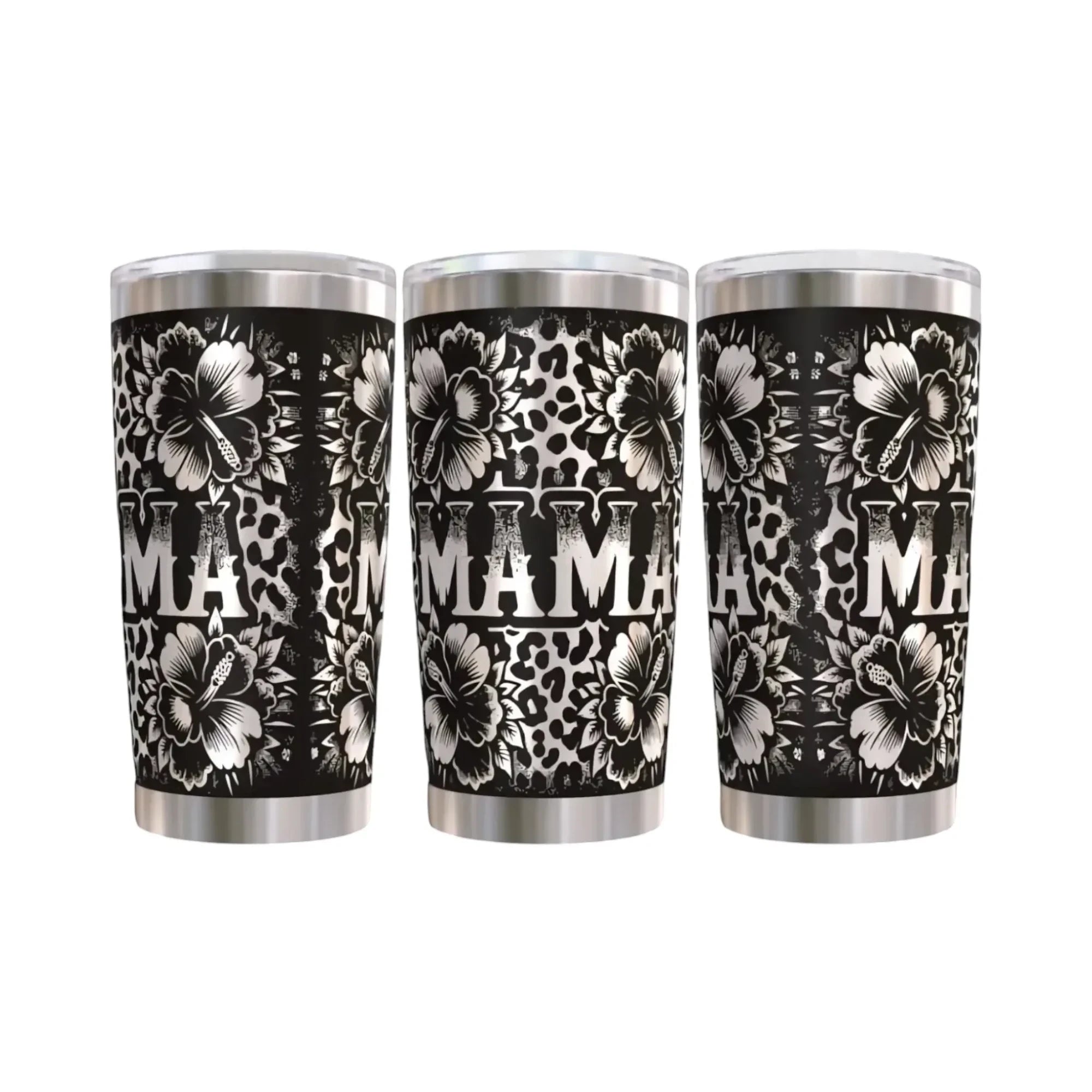 Make It Custom stainless steel tumbler featuring a black and white floral hibiscus and leopard print design with MAMA text