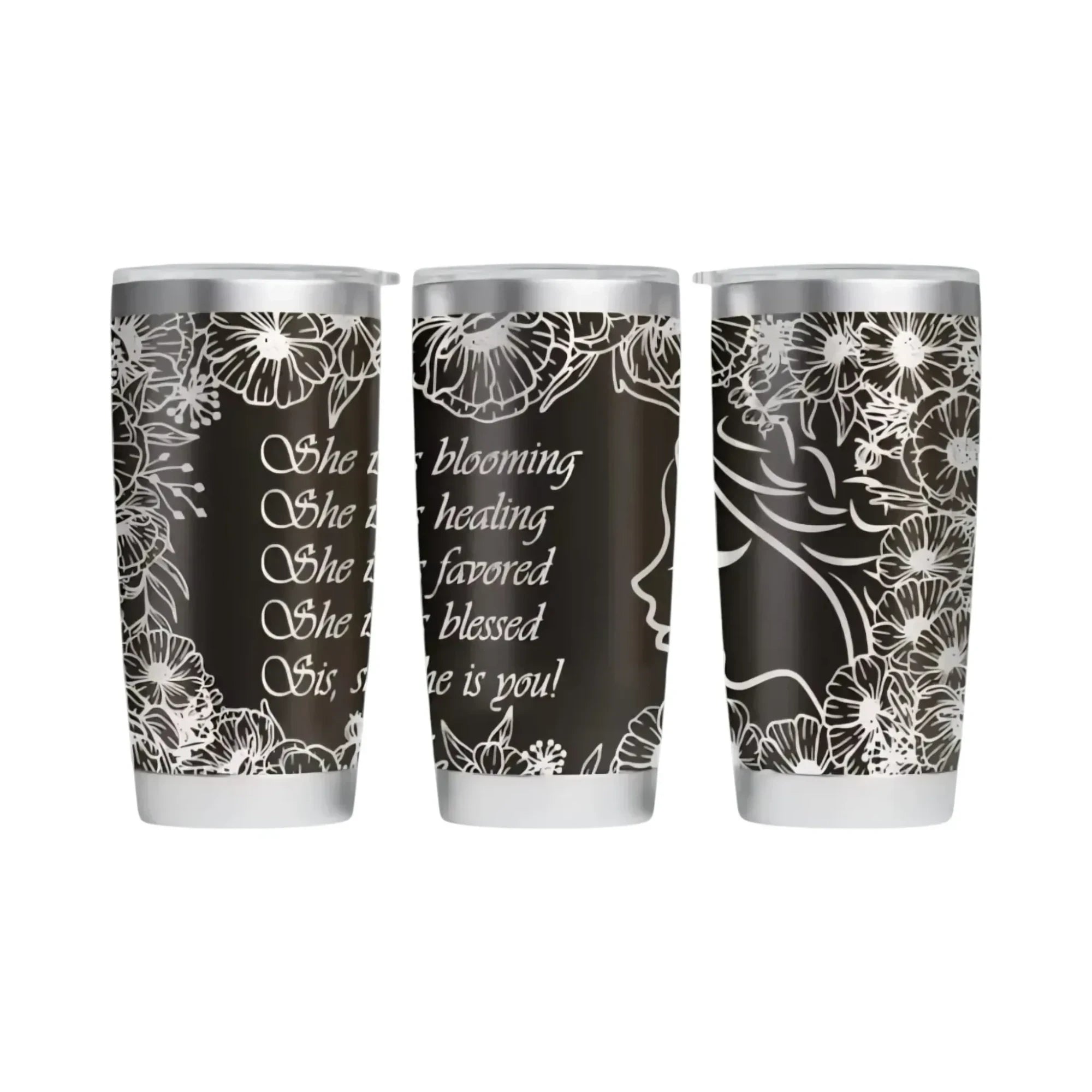 Make It Custom 20oz stainless steel tumbler with black and white floral design and inspirational affirmations.