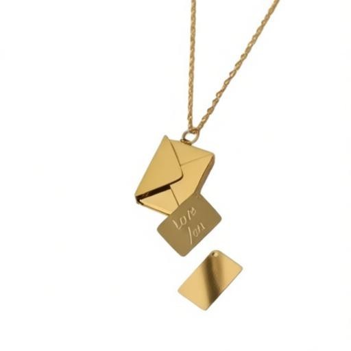 Make It Custom gold envelope pendant necklace with a pull-out note engraved with Love You on a delicate chain.