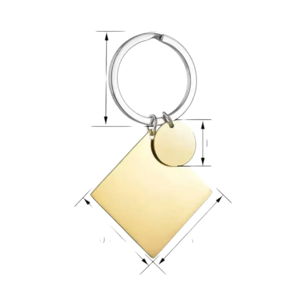 Make It Custom gold-tone metal keychain with a square and circular charm on a sturdy split ring for engraving.
