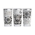 Make It Custom stainless steel tumbler featuring a monochrome Highland cow, sunflowers, butterflies, and inspirational text.