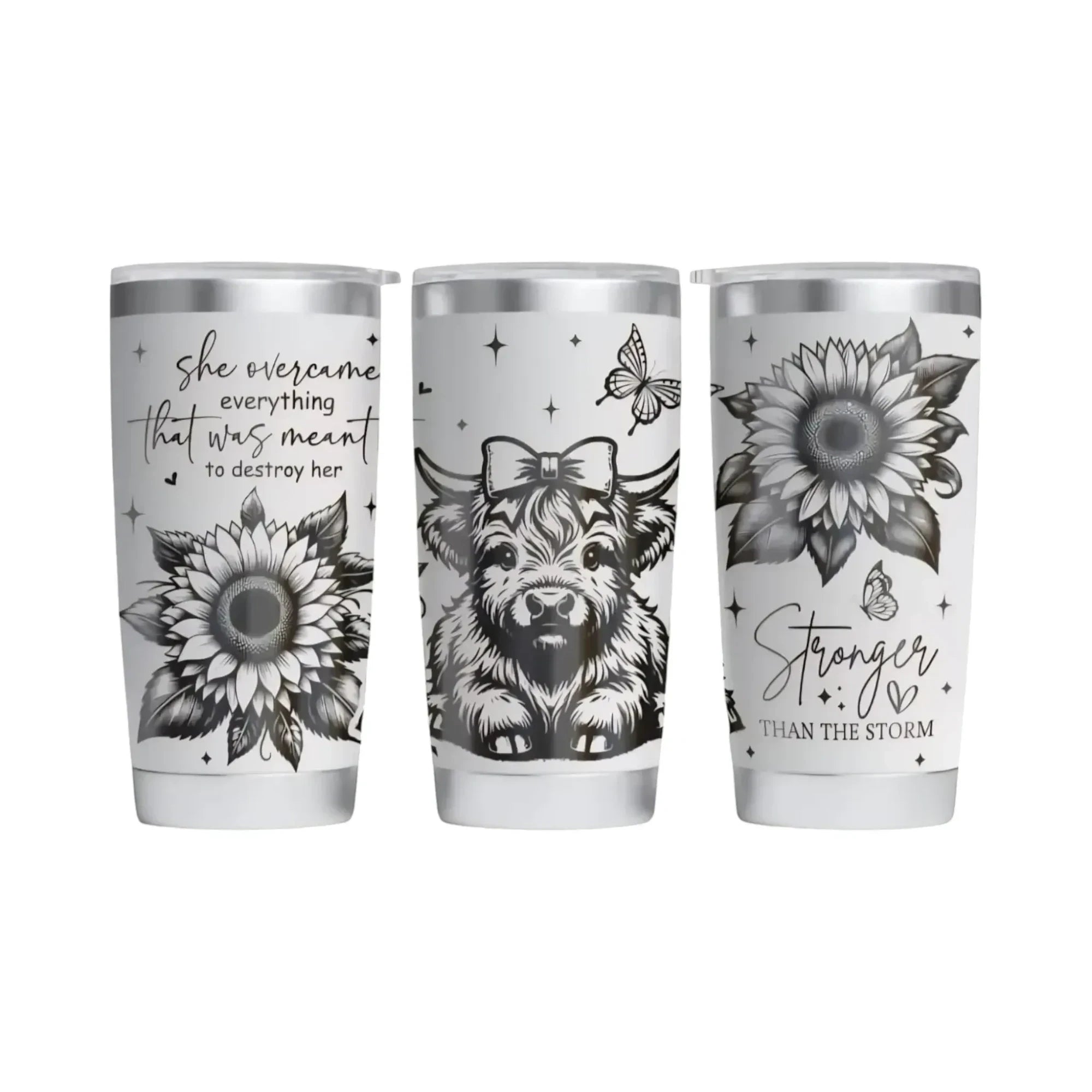 Make It Custom stainless steel tumbler featuring a monochrome Highland cow, sunflowers, butterflies, and inspirational text.