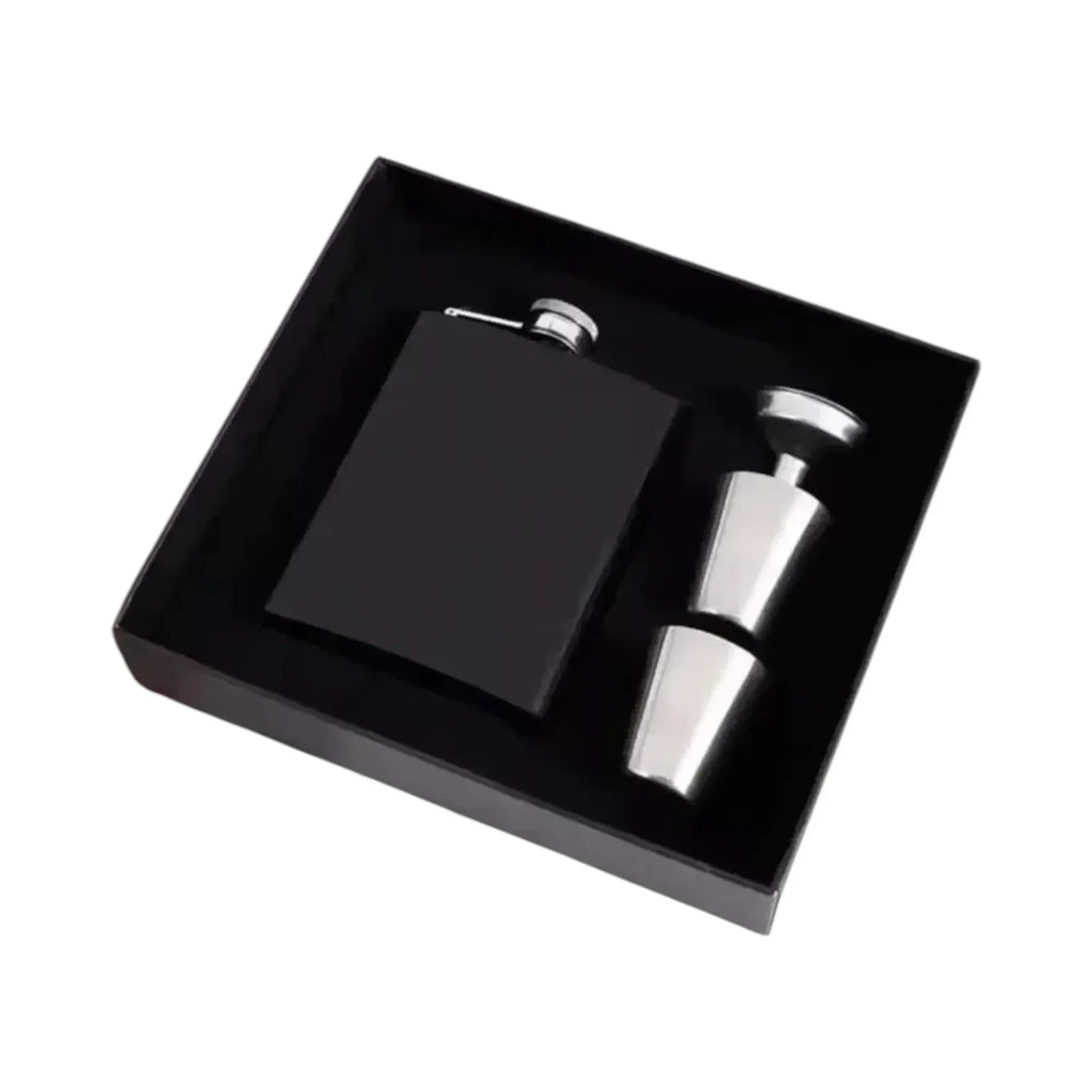 Make It Custom matte black stainless steel flask gift set with two shot cups and a funnel in a black presentation box