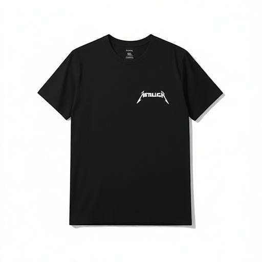 Make It Custom black cotton crewneck t-shirt featuring a small white Metallica logo on the front chest